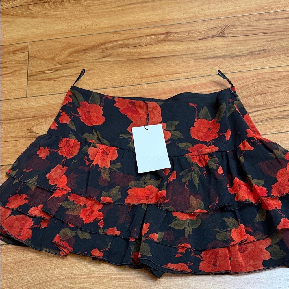 Zara Black Skort with Red Floral Design